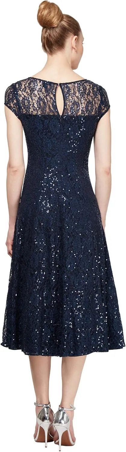 S.L. Fashions Women's Short Sleeve Sequin and Lace Tea Length Mother of The Bride Dress (Petite and Regular Sizes)