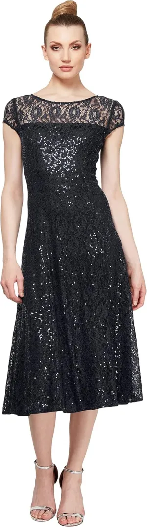 S.L. Fashions Women's Short Sleeve Sequin and Lace Tea Length Mother of The Bride Dress (Petite and Regular Sizes)