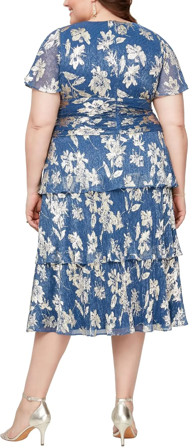 S.L. Fashions Women's Short Sleeve Tea Length V-Neck Mother of The Bride Dress with Ruched Waist, Wedding Guest (Plus Size)
