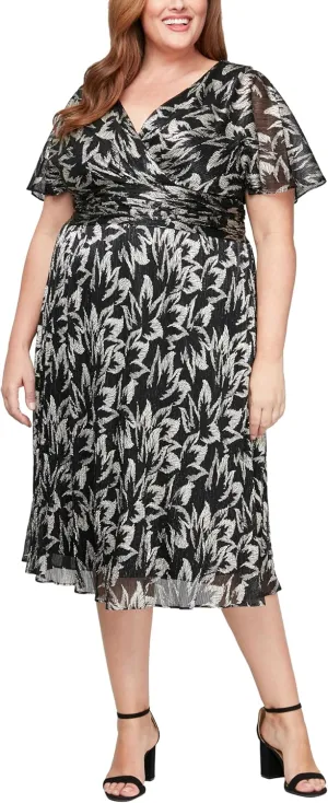 S.L. Fashions Women's Short Sleeve Tea Length V-Neck Mother of The Bride Dress with Ruched Waist, Wedding Guest (Plus Size)