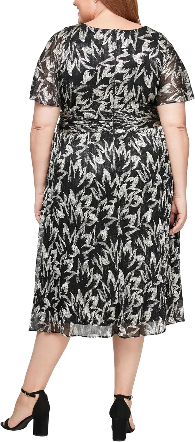 S.L. Fashions Women's Short Sleeve Tea Length V-Neck Mother of The Bride Dress with Ruched Waist, Wedding Guest (Plus Size)