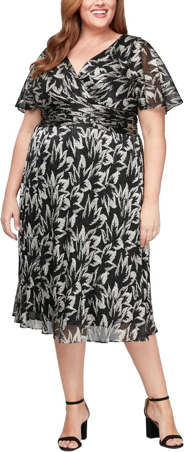S.L. Fashions Women's Short Sleeve Tea Length V-Neck Mother of The Bride Dress with Ruched Waist, Wedding Guest (Plus Size)