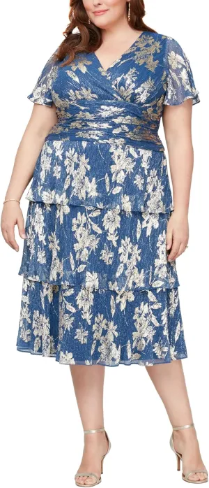 S.L. Fashions Women's Short Sleeve Tea Length V-Neck Mother of The Bride Dress with Ruched Waist, Wedding Guest (Plus Size)