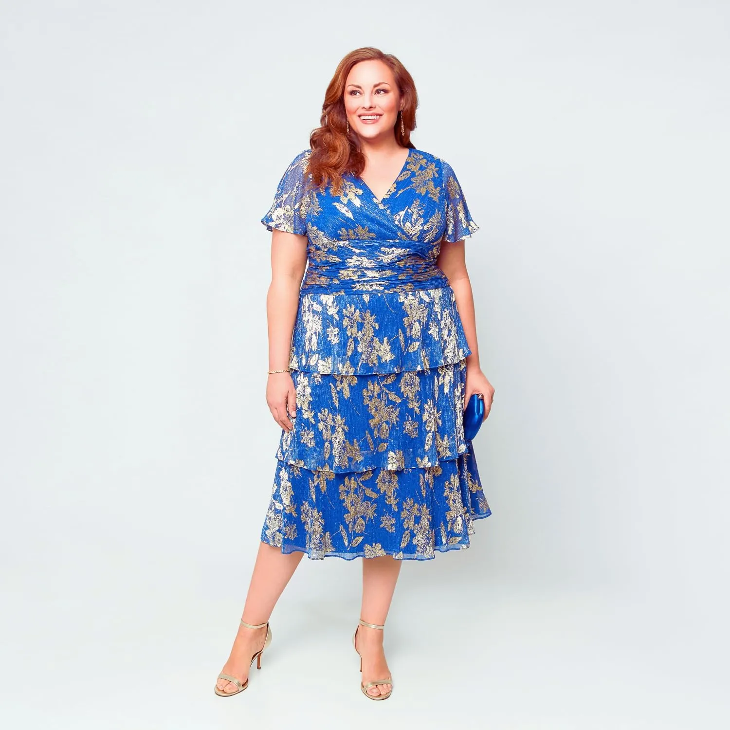 S.L. Fashions Women's Short Sleeve Tea Length V-Neck Mother of The Bride Dress with Ruched Waist, Wedding Guest (Plus Size)