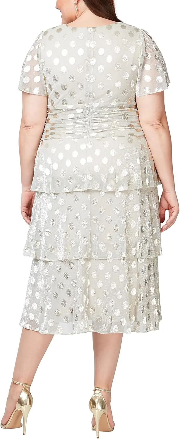 S.L. Fashions Women's Short Sleeve Tea Length V-Neck Mother of The Bride Dress with Ruched Waist, Wedding Guest (Plus Size)