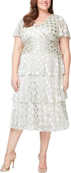 S.L. Fashions Women's Short Sleeve Tea Length V-Neck Mother of The Bride Dress with Ruched Waist, Wedding Guest (Plus Size)