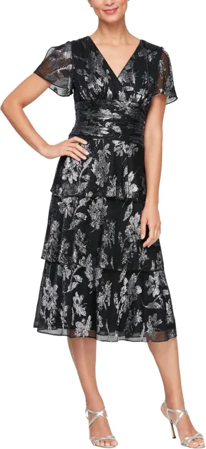 S.L. Fashions Women's Short Sleeve V-Neck Midi Cocktail Dress W/Ruched Waist, Wedding Guest Gown (Petite and Regular Sizes)