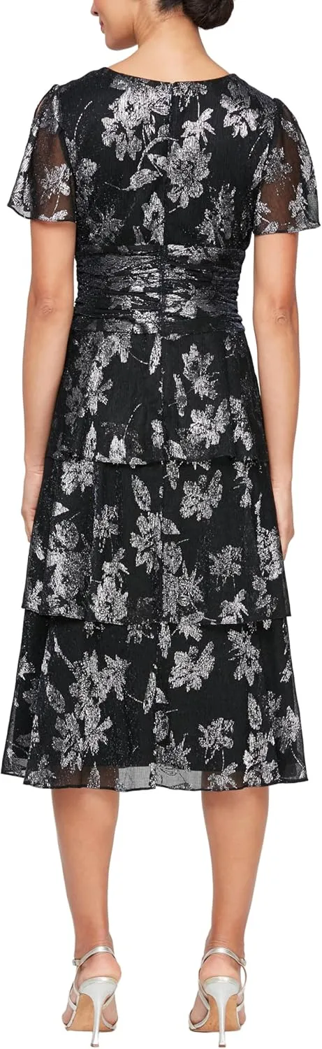 S.L. Fashions Women's Short Sleeve V-Neck Midi Cocktail Dress W/Ruched Waist, Wedding Guest Gown (Petite and Regular Sizes)
