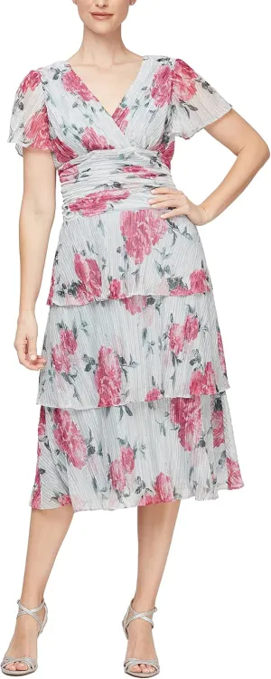 S.L. Fashions Women's Short Sleeve V-Neck Midi Cocktail Dress W/Ruched Waist, Wedding Guest Gown (Petite and Regular Sizes)