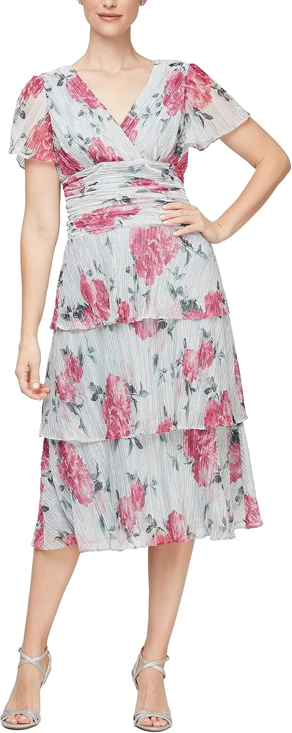 S.L. Fashions Women's Short Sleeve V-Neck Midi Cocktail Dress W/Ruched Waist, Wedding Guest Gown (Petite and Regular Sizes)