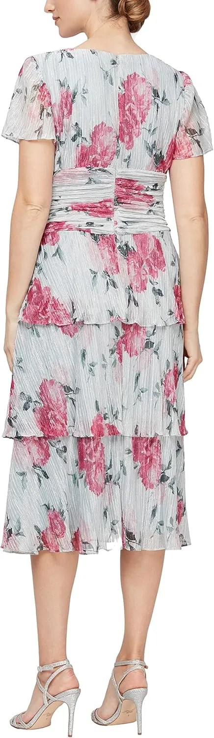 S.L. Fashions Women's Short Sleeve V-Neck Midi Cocktail Dress W/Ruched Waist, Wedding Guest Gown (Petite and Regular Sizes)
