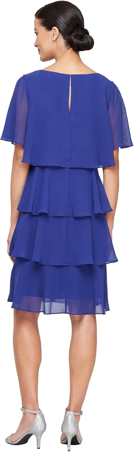 S.L. Fashions Women's Short Tulip Sleeve Tiered Chiffon Cocktail Dress, Wedding Guest Gown (Petite and Regular Sizes)