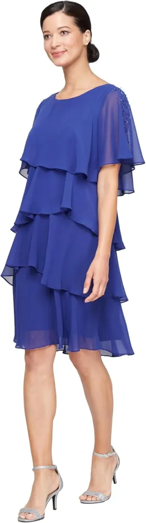 S.L. Fashions Women's Short Tulip Sleeve Tiered Chiffon Cocktail Dress, Wedding Guest Gown (Petite and Regular Sizes)