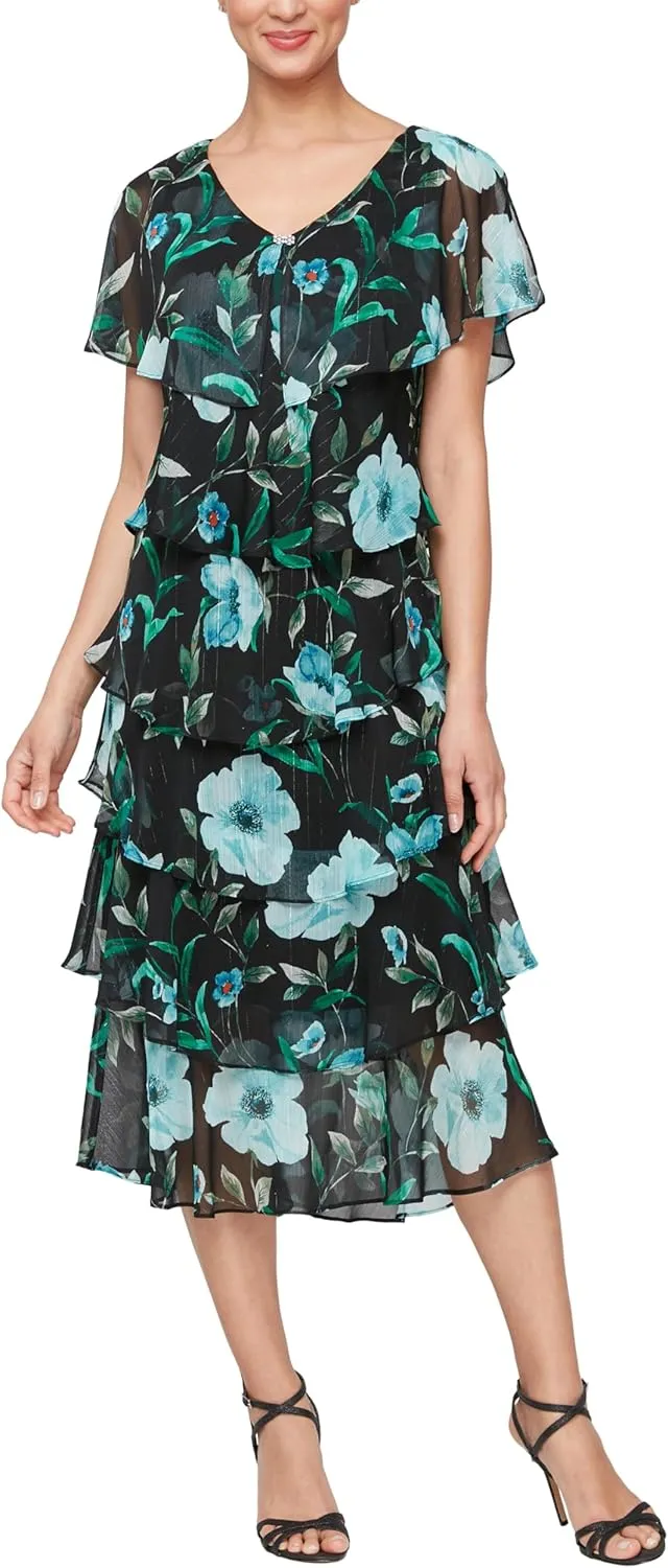 S.L. Fashions Women's Tiered Midi Wedding Guest, Mother of The Bride Dress with Bead Embellishment (Petite and Regular Sizes)
