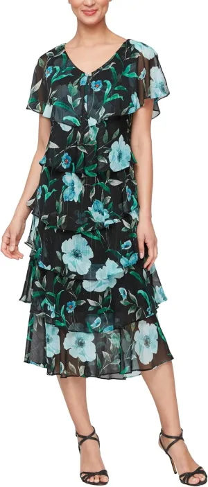 S.L. Fashions Women's Tiered Midi Wedding Guest, Mother of The Bride Dress with Bead Embellishment (Petite and Regular Sizes)