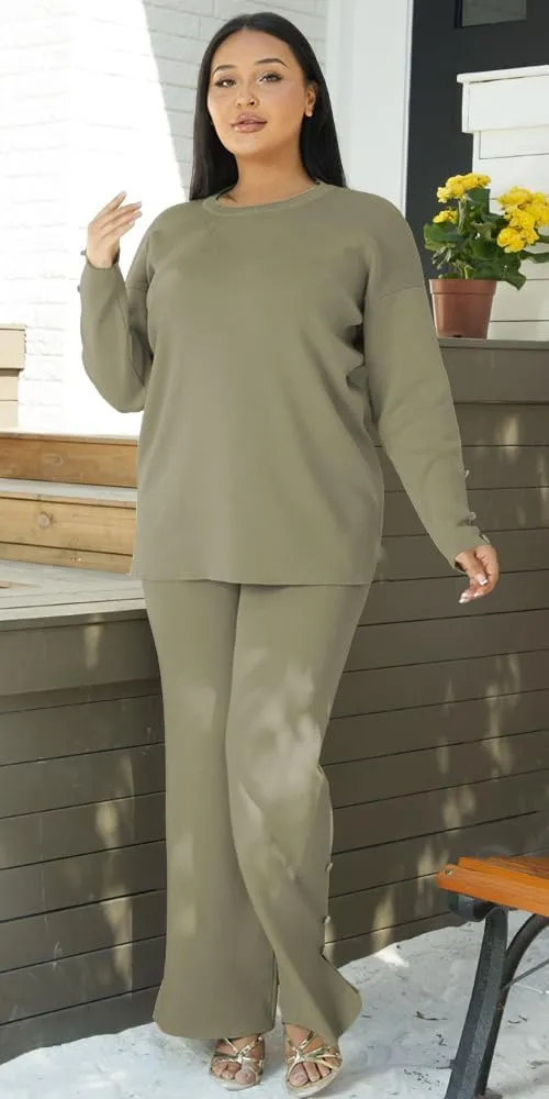 Small Size Women Lounge wear Set Sweatshirt Wide Leg Pant Outfit Stylish Comfort Soft Stretchy Fabric Year Round Dress