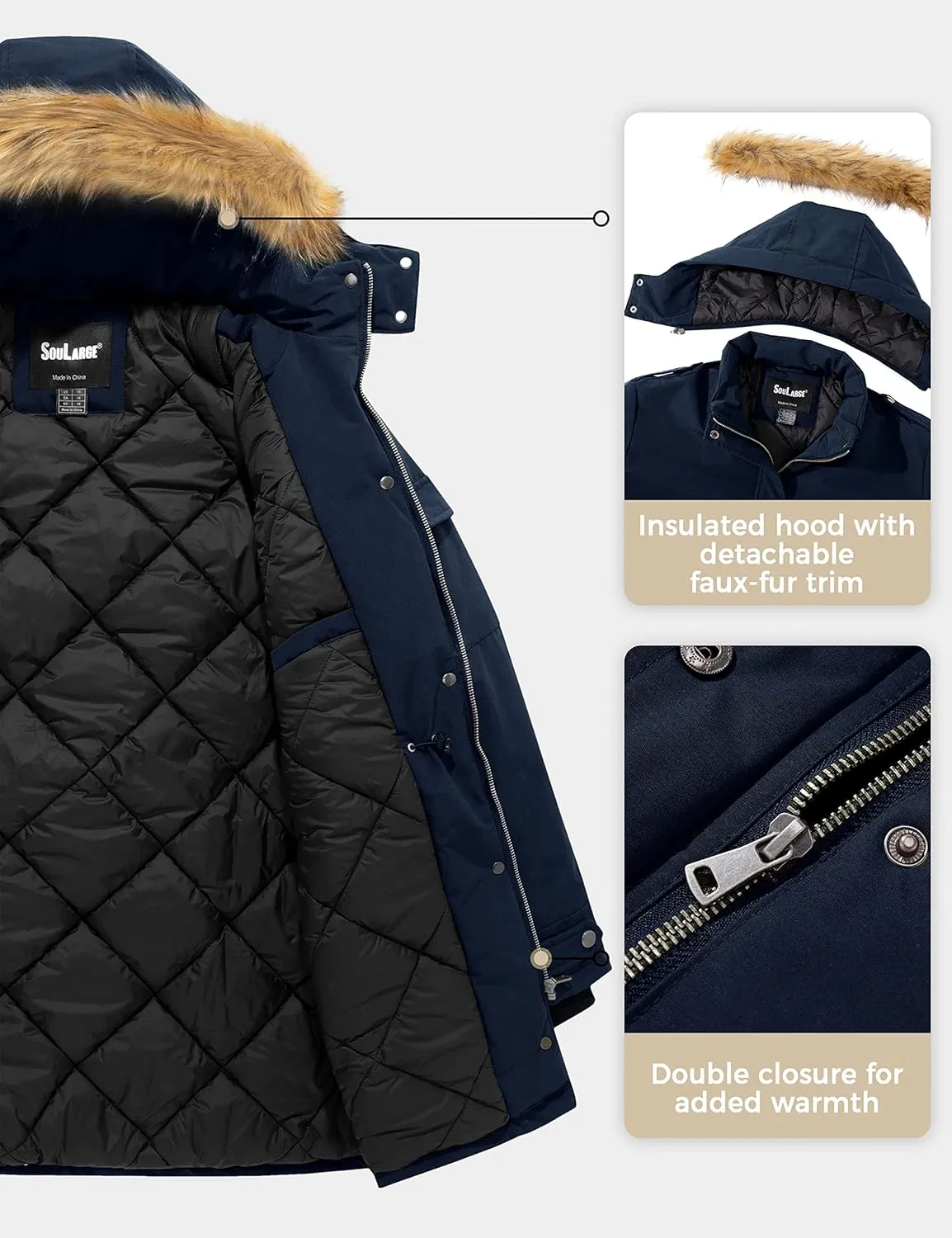 Soularge Women's Winter Plus Size Waterproof Thicken Puffer Coat with Faux fur Hood