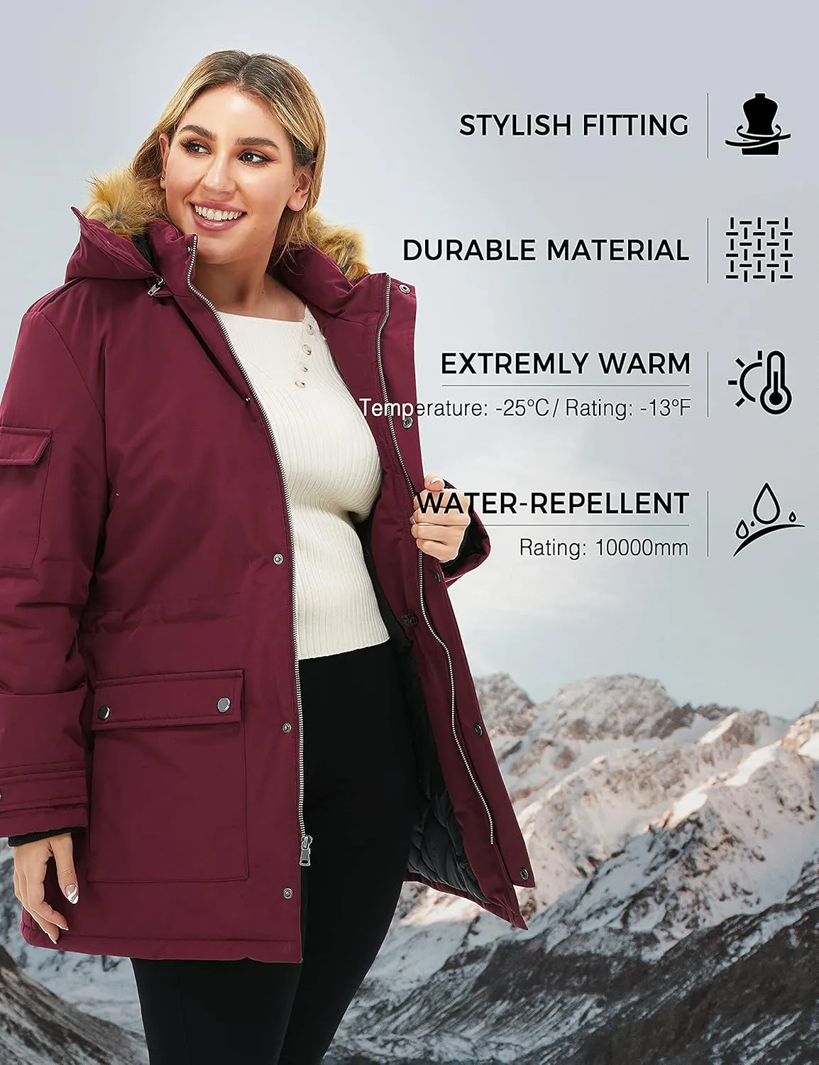 Soularge Women's Winter Plus Size Waterproof Thicken Puffer Coat with Faux fur Hood