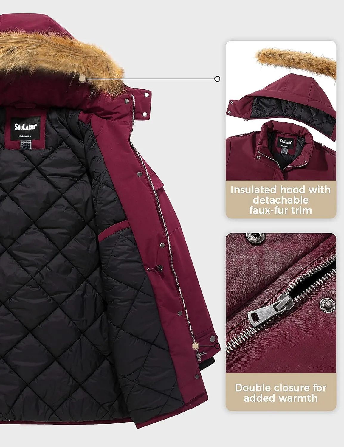 Soularge Women's Winter Plus Size Waterproof Thicken Puffer Coat with Faux fur Hood