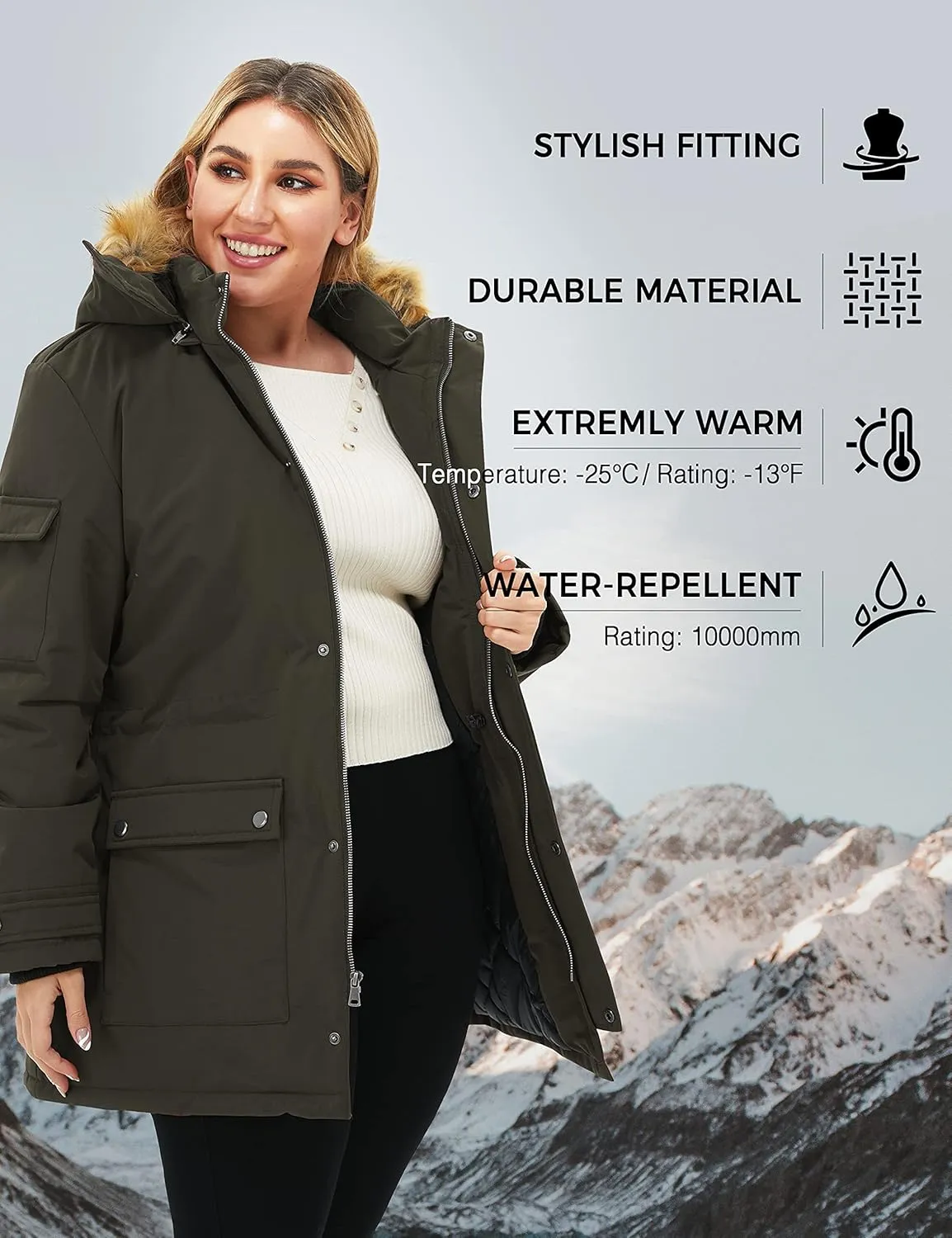 Soularge Women's Winter Plus Size Waterproof Thicken Puffer Coat with Faux fur Hood