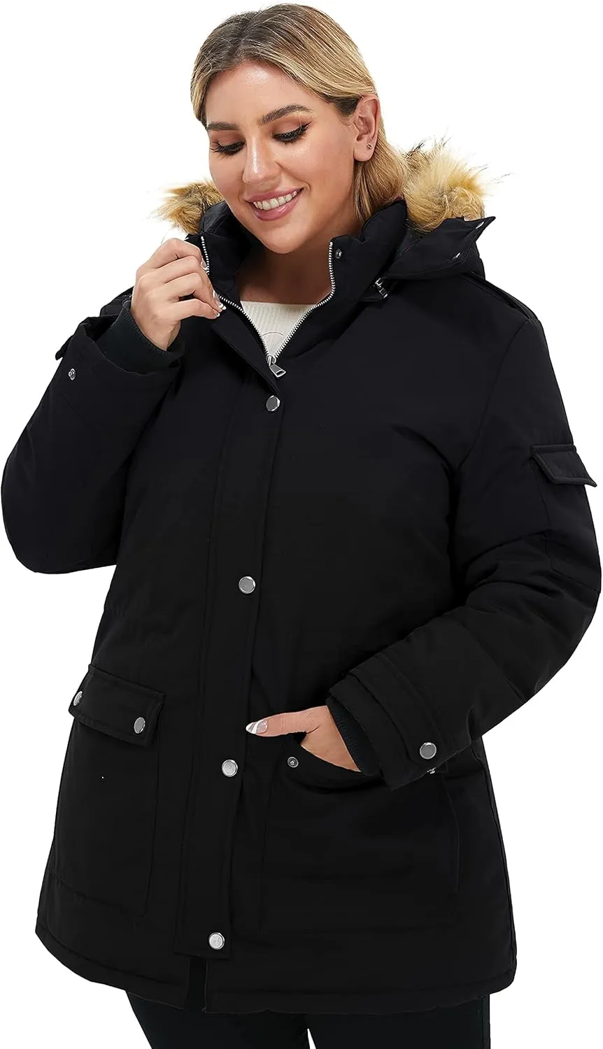 Soularge Women's Winter Plus Size Waterproof Thicken Puffer Coat with Faux fur Hood