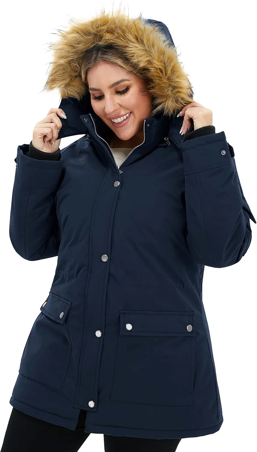 Soularge Women's Winter Plus Size Waterproof Thicken Puffer Coat with Faux fur Hood