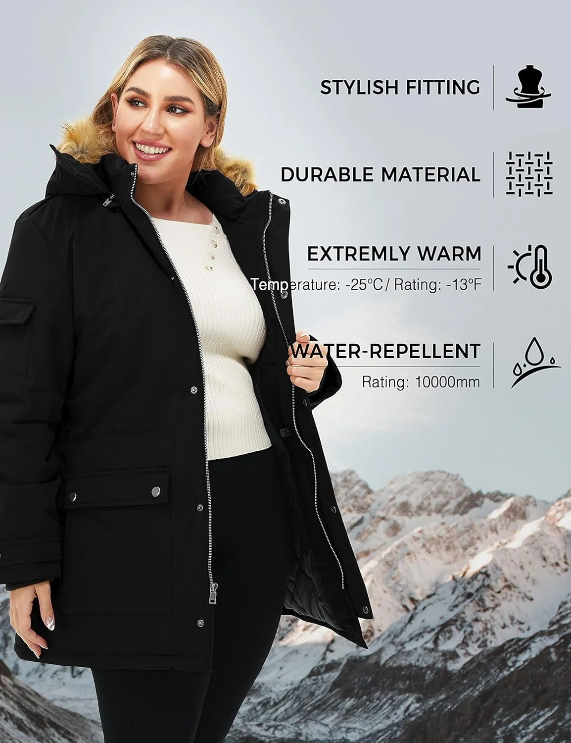 Soularge Women's Winter Plus Size Waterproof Thicken Puffer Coat with Faux fur Hood