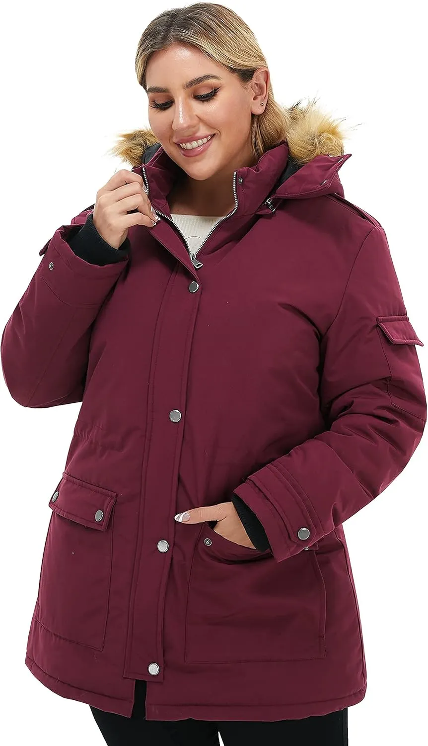 Soularge Women's Winter Plus Size Waterproof Thicken Puffer Coat with Faux fur Hood