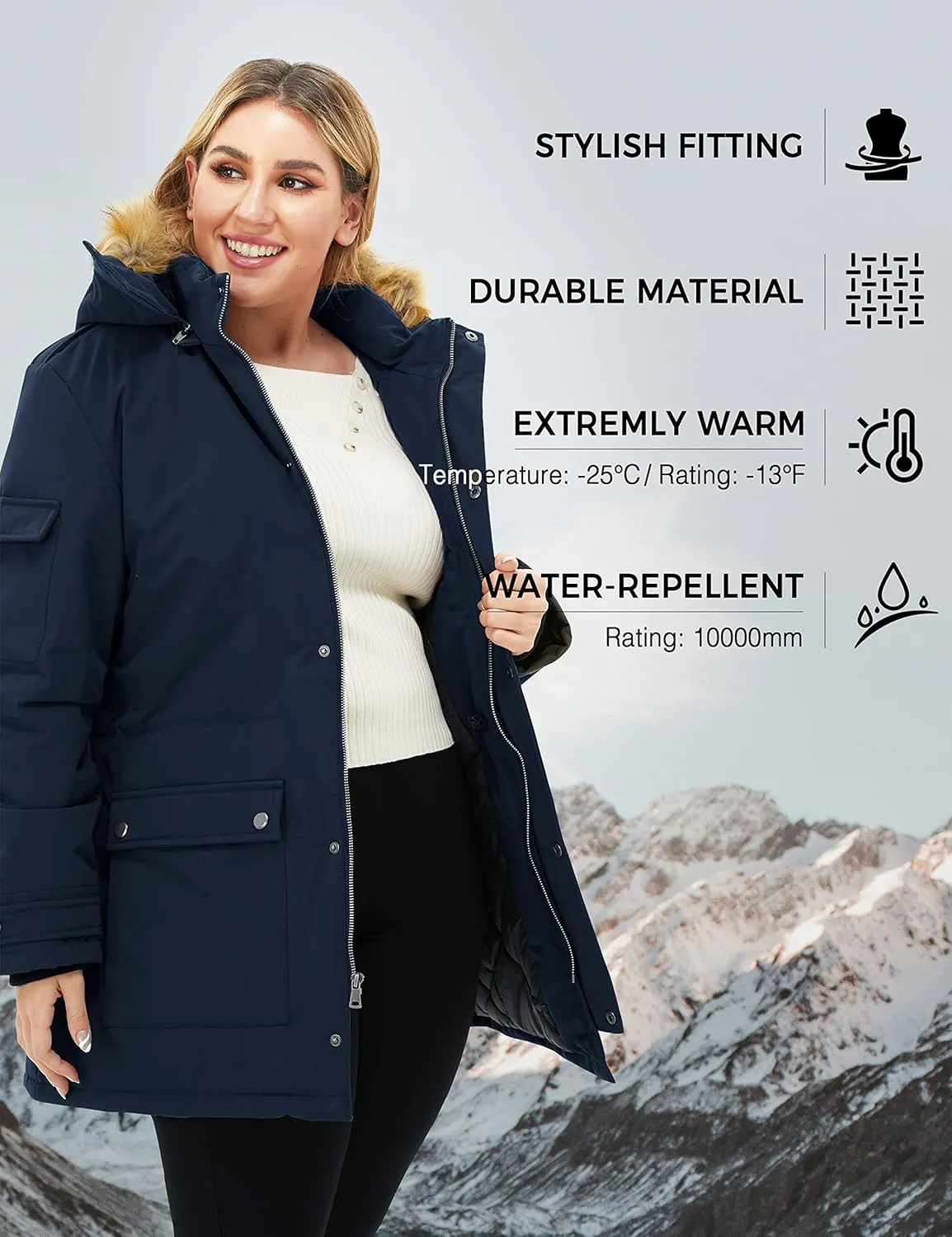 Soularge Women's Winter Plus Size Waterproof Thicken Puffer Coat with Faux fur Hood