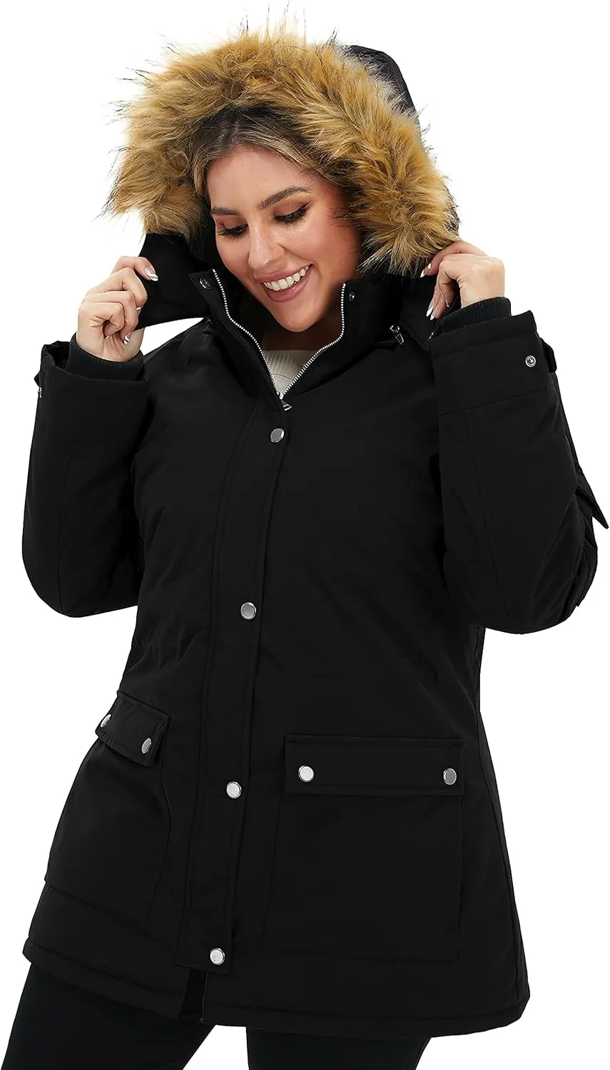 Soularge Women's Winter Plus Size Waterproof Thicken Puffer Coat with Faux fur Hood