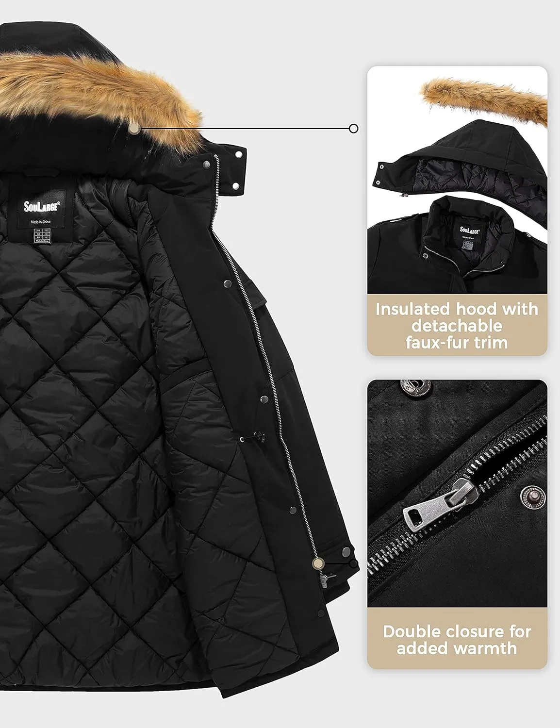 Soularge Women's Winter Plus Size Waterproof Thicken Puffer Coat with Faux fur Hood