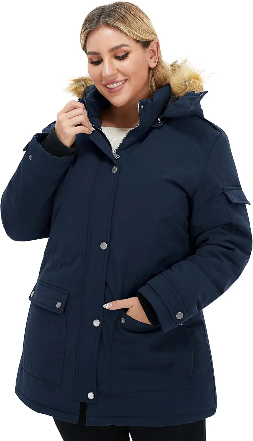 Soularge Women's Winter Plus Size Waterproof Thicken Puffer Coat with Faux fur Hood