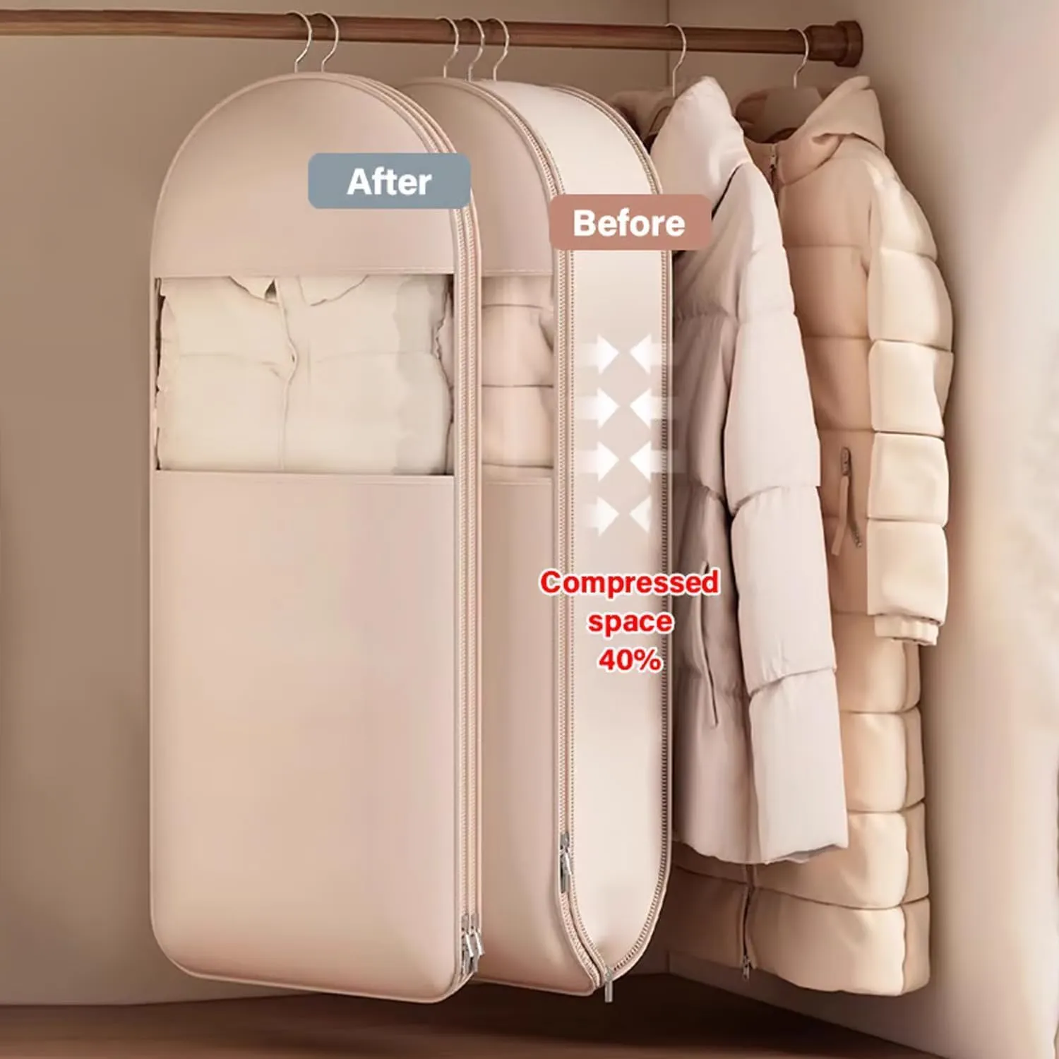 Space Saving Hanging Garment Bag with Self Compression Zipper, 2025 Down Large Dust Cover Garment Bag, Down Jacket Storage Bag, Suitable for Down Coats (Beige, Medium)