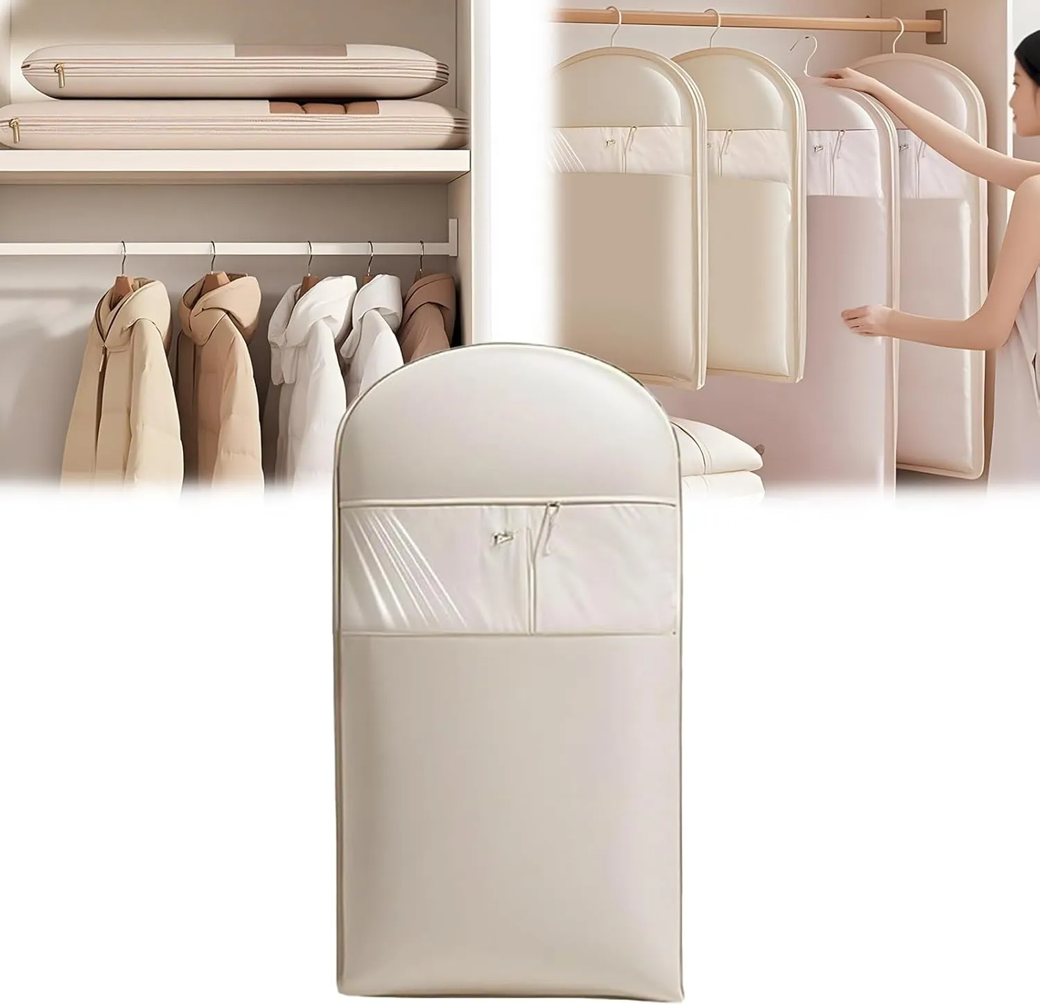 Space Saving Hanging Garment Bag with Self Compression Zipper, 2025 Down Large Dust Cover Garment Bag, Down Jacket Storage Bag, Suitable for Down Coats (Beige, Medium)