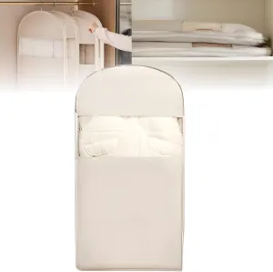 Space Saving Hanging Garment Bag with Self Compression Zipper, Reusable Storage Bags for Down Coat, Closet Winter Clothing Dust Cover Clothes Organizer(Beige, Large) (L)