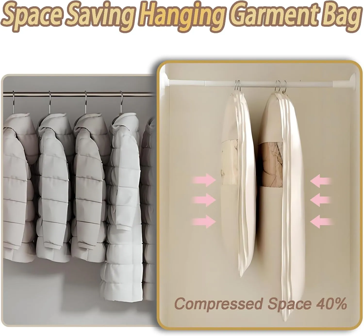 Space Saving Hanging Garment Bag with Self Compression Zipper, Reusable Storage Bags for Down Coat, Closet Winter Clothing Dust Cover Clothes Organizer(Beige, Large) (L)