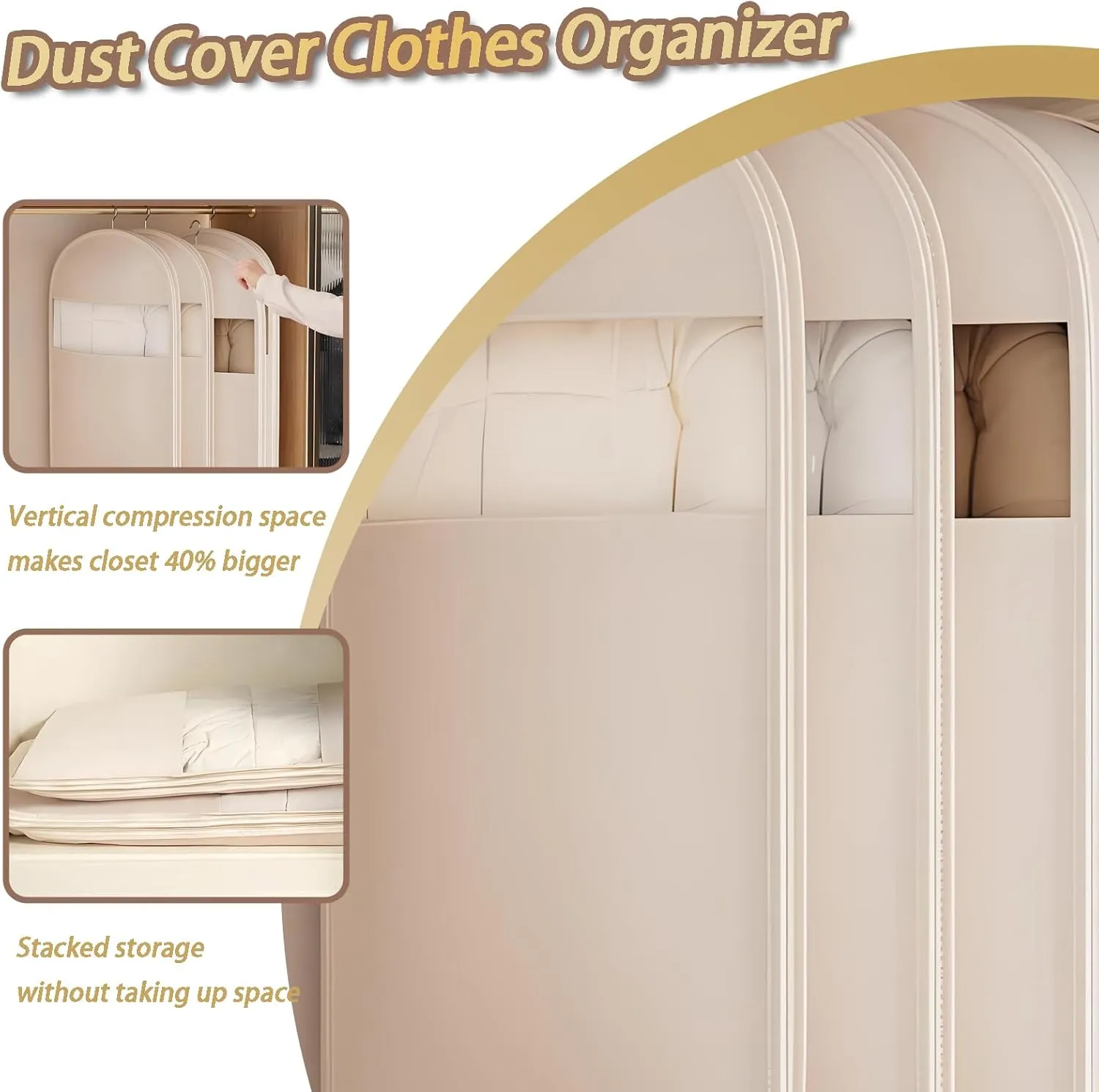 Space Saving Hanging Garment Bag with Self Compression Zipper, Reusable Storage Bags for Down Coat, Closet Winter Clothing Dust Cover Clothes Organizer(Beige, Large) (L)
