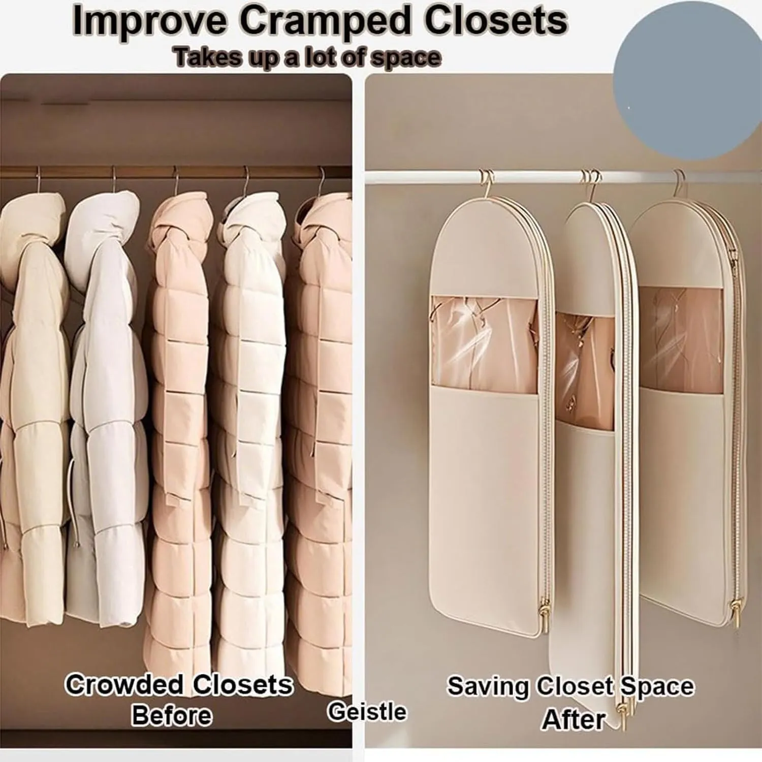 Space Saving Hanging Garment Bag With Self Compression Zipper,Dust Cover Clothes Bags For Down Coat, Coat With Hanger Down Jacket Winter Coats Storage Pocket (Pink Large)
