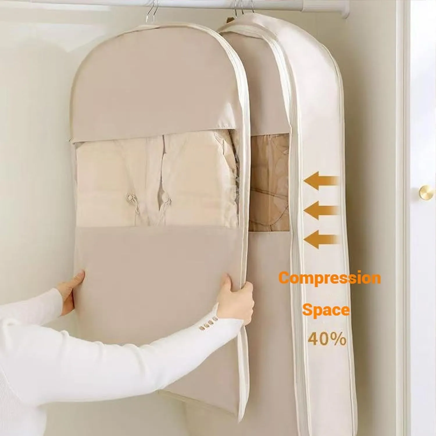 Space Saving Hanging Garment Bag With Self Compression Zipper,Dust Cover Clothes Bags For Down Coat, Coat With Hanger Down Jacket Winter Coats Storage Pocket (Pink Large)