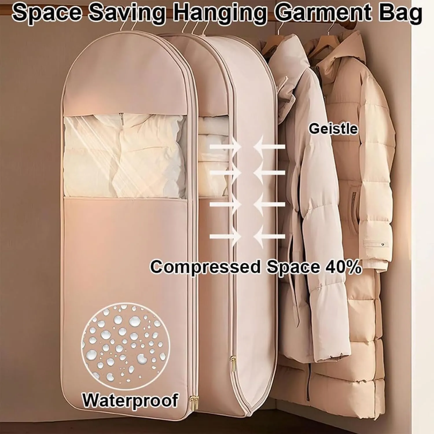 Space Saving Hanging Garment Bag With Self Compression Zipper,Dust Cover Clothes Bags For Down Coat, Coat With Hanger Down Jacket Winter Coats Storage Pocket (Pink Large)