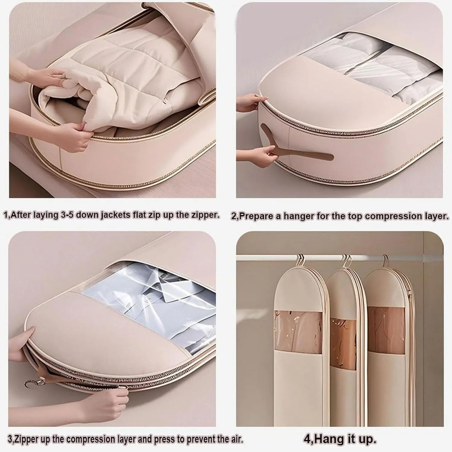 Space Saving Hanging Garment Bag with Self Compression ZipperGarment Duffle Bags for Travel, Hanging Luggage for Storage, Closet Organizers, Dust Cover Clothes Bags for Down Coat (Beige, X-Large)