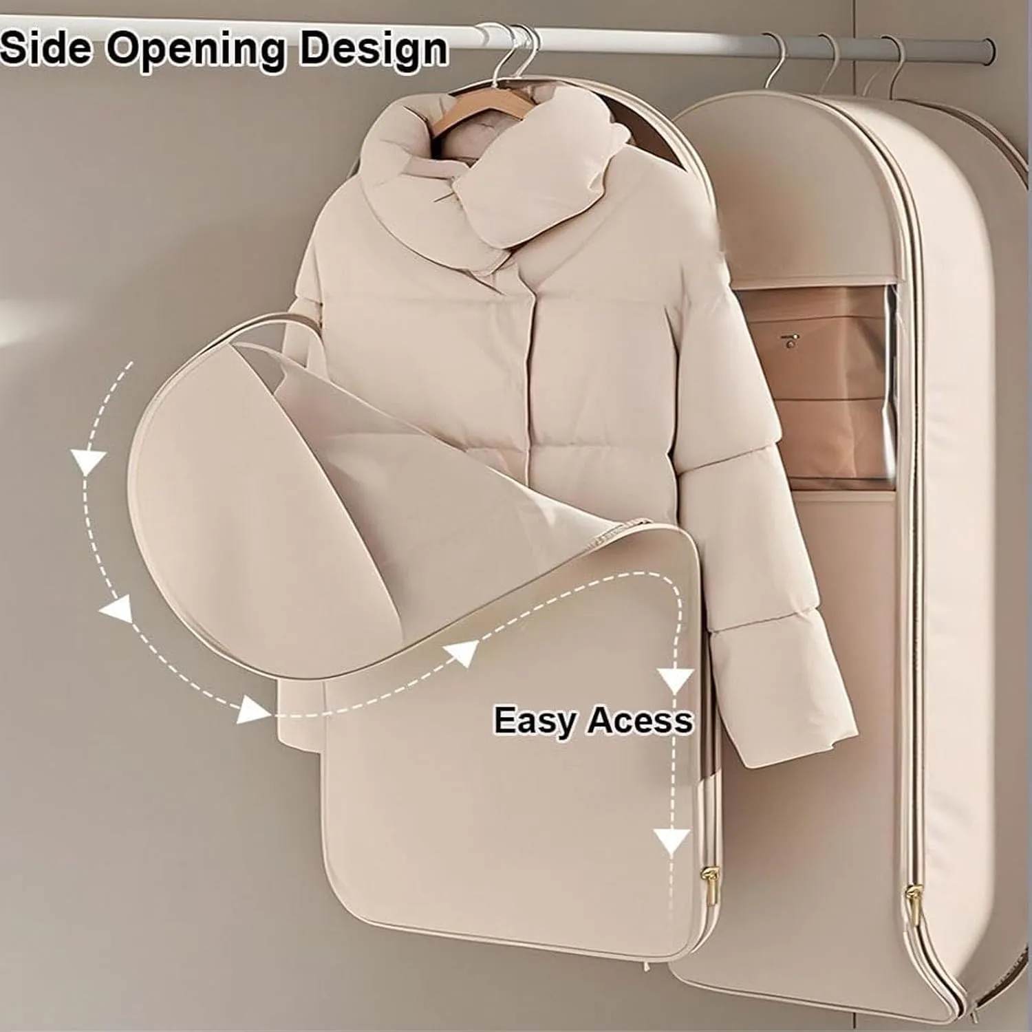 Space Saving Hanging Garment Bag with Self Compression ZipperGarment Duffle Bags for Travel, Hanging Luggage for Storage, Closet Organizers, Dust Cover Clothes Bags for Down Coat (Beige, X-Large)