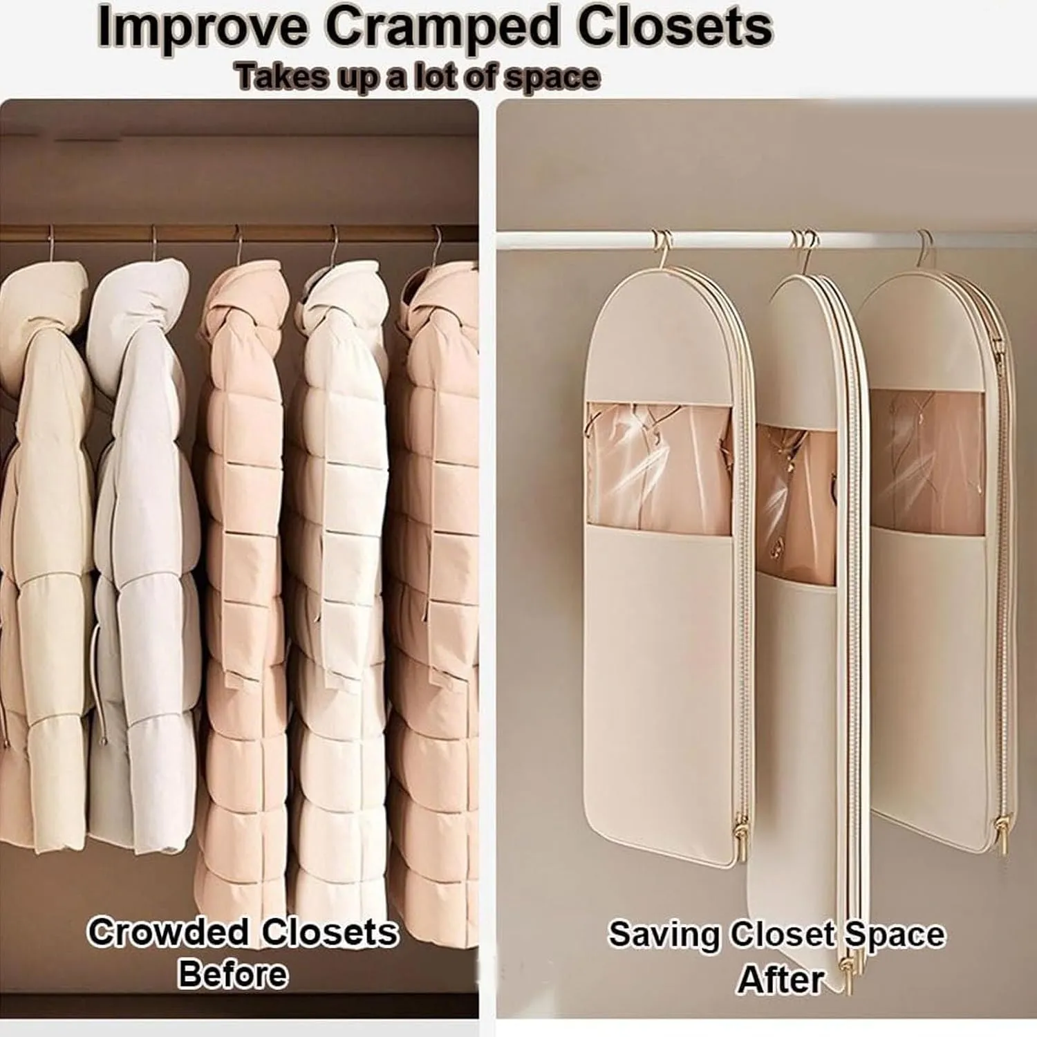 Space Saving Hanging Garment Bag with Self Compression ZipperGarment Duffle Bags for Travel, Hanging Luggage for Storage, Closet Organizers, Dust Cover Clothes Bags for Down Coat (Beige, X-Large)