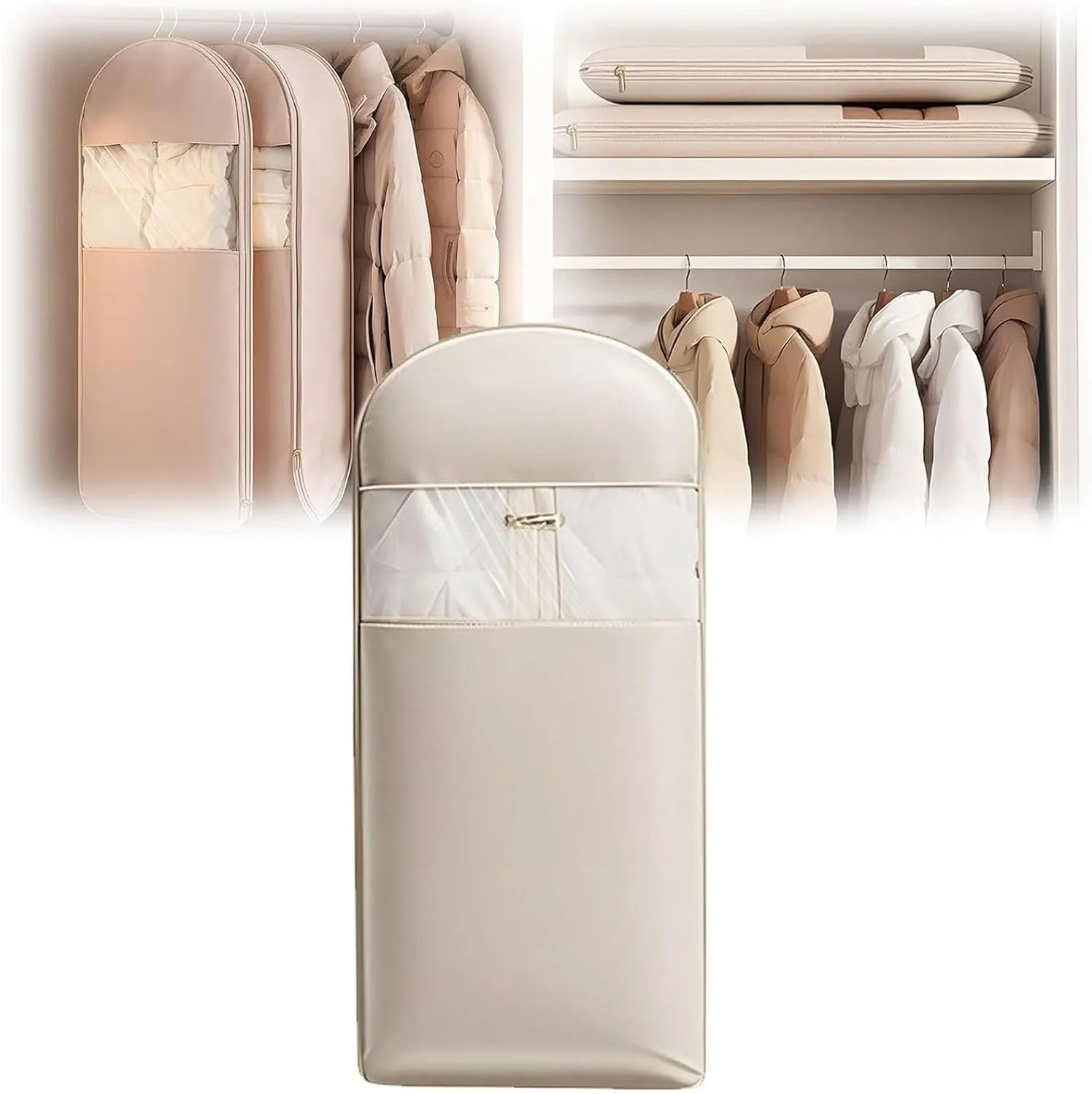 Space Saving Hanging Garment Bag with Self Compression ZipperGarment Duffle Bags for Travel, Hanging Luggage for Storage, Closet Organizers, Dust Cover Clothes Bags for Down Coat (Beige, X-Large)