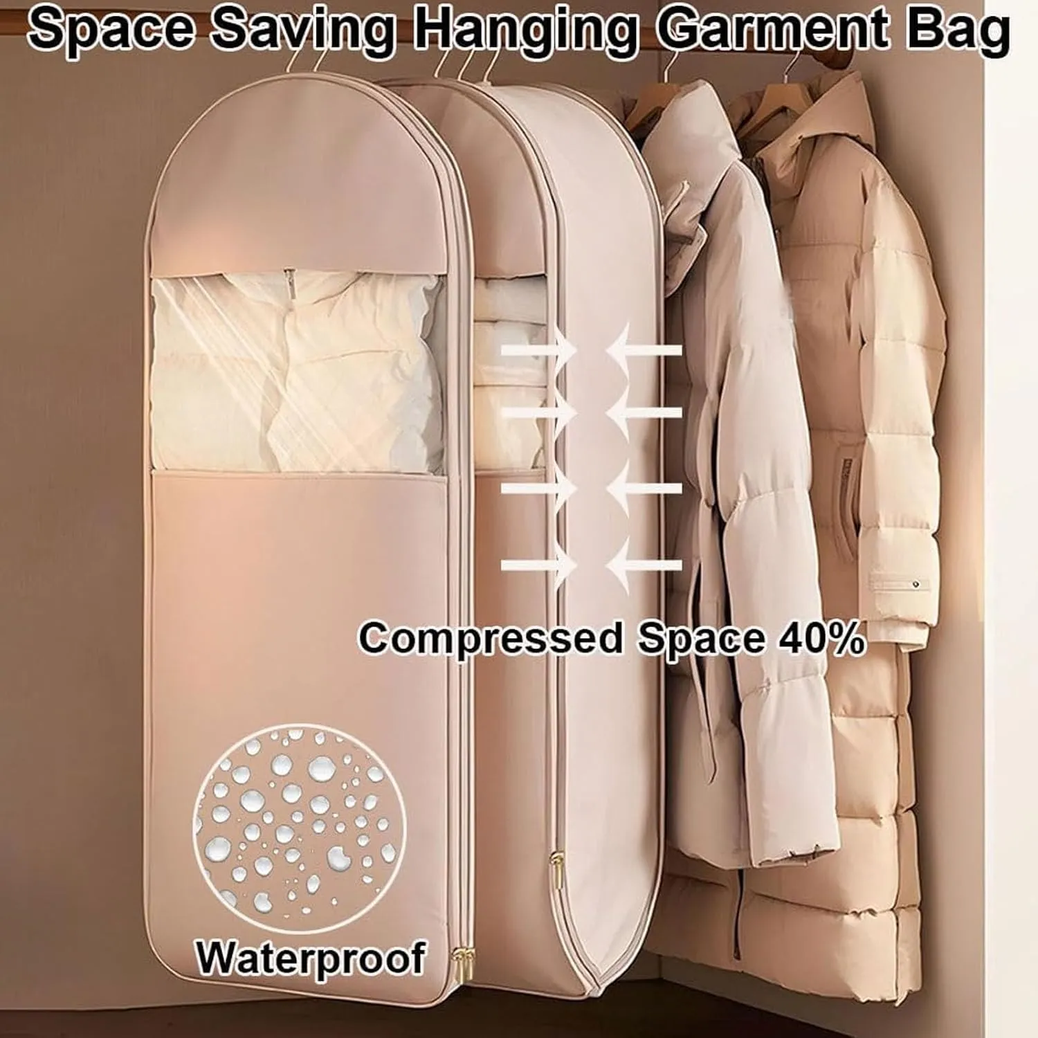 Space Saving Hanging Garment Bag with Self Compression ZipperGarment Duffle Bags for Travel, Hanging Luggage for Storage, Closet Organizers, Dust Cover Clothes Bags for Down Coat (Beige, X-Large)