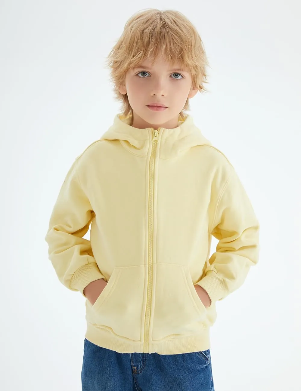 Spring&Gege Boys Full Zip Hoodies High Neck Mid-weight Fleece Hooded Sweatshirts for Children