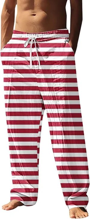 Striped Pants Men Vacation Beach Casual Pant Lightweight Straight Leg Slacks Summer Outdoor Drawstring Waist Trousers