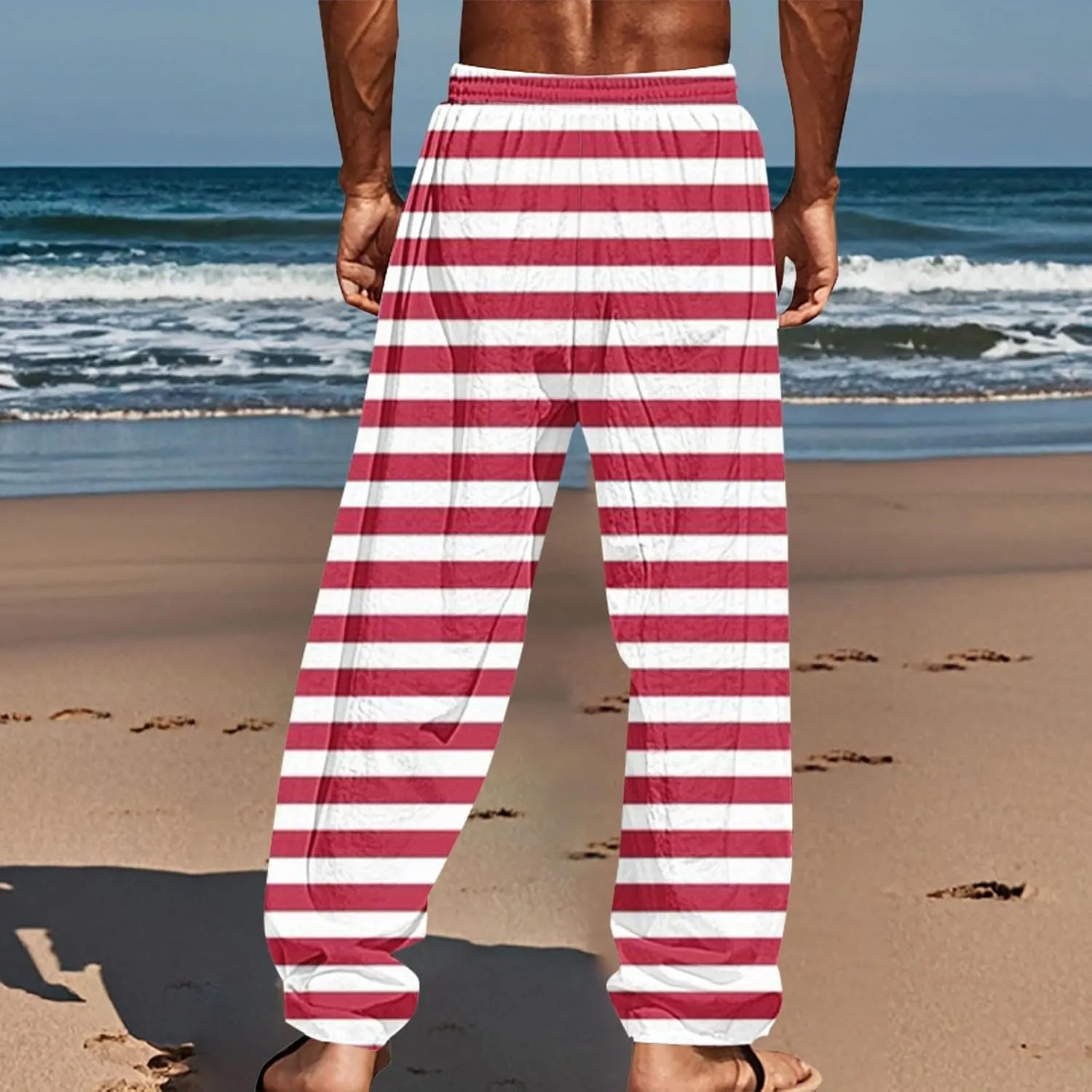 Striped Pants Men Vacation Beach Casual Pant Lightweight Straight Leg Slacks Summer Outdoor Drawstring Waist Trousers