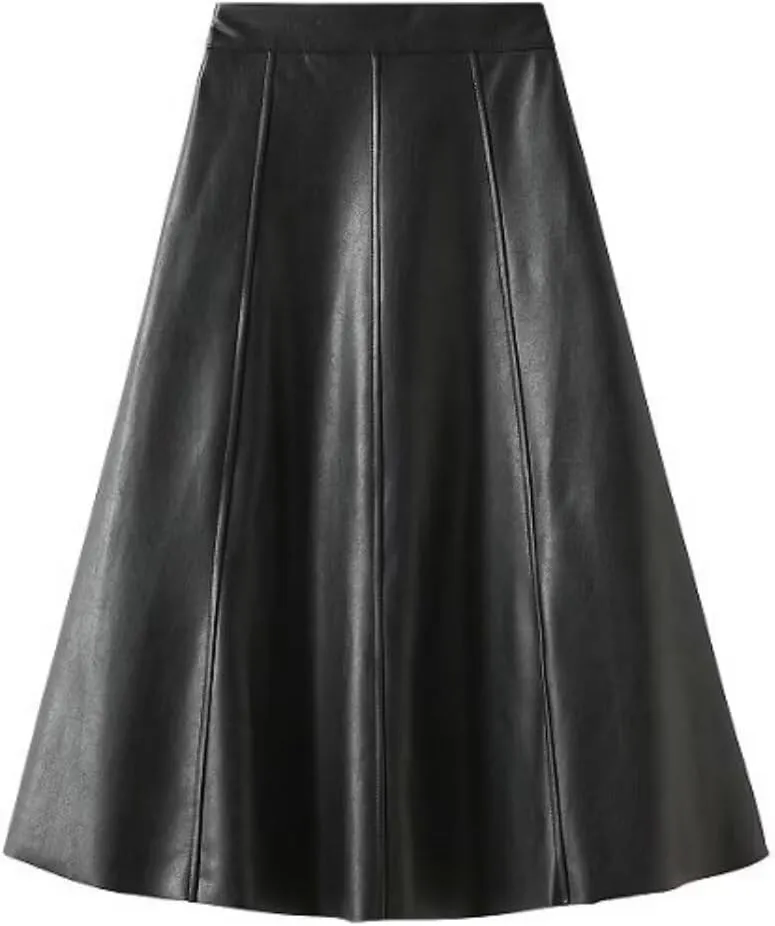 TangDao Women's Retro Faux Leather High Waist Pleated Flare Long A-line Midi Skirt