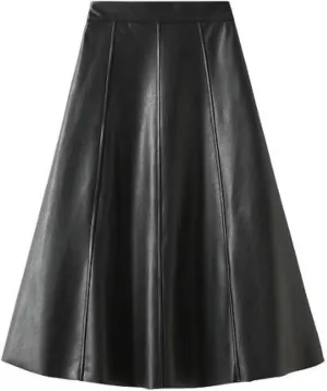 TangDao Women's Retro Faux Leather High Waist Pleated Flare Long A-line Midi Skirt